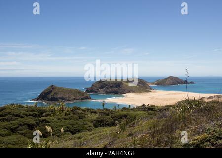 Cape Maria Van Diemen auf Neuseelands Nord - die meisten Cape Reinga als von der Fernbedienung Te Paki Küstenweg gesehen. Der Wanderweg Winde über den Hügel. Stockfoto