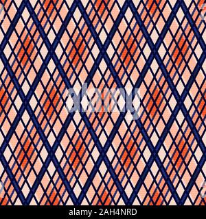 Detaillierte Raute nahtlose Vektor Muster als tartan plaid in orange und beige Farbtöne mit dunkelblauen Linien Stock Vektor