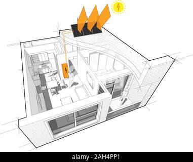 Diagramm für ein Apartment mit einem Schlafzimmer komplett mit Flachdach Cutaway über es eingerichtet mit Sonnenkollektoren auf dem Dach, als Quelle des elektrischen Ener Stock Vektor