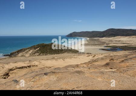 Te Werahi Beach und Cape Reinga als von der Creme Ton Hügel des Te Paki Coastal Track, einer 4-tägigen Wanderweg in der Region Northland auf der Nordinsel Neuseelands gesehen. Stockfoto