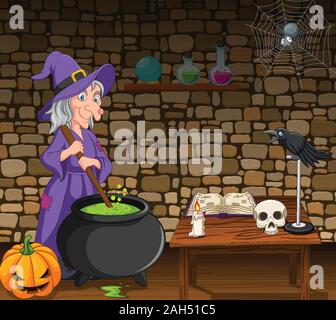 Halloween Hintergrund mit Hexe rühren Zaubertrank Stock Vektor