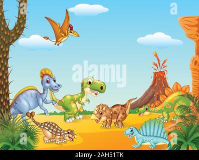 Cartoon happy Dinos mit Vulkan Stock Vektor