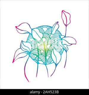 Farbe Ornament im Hintergrund in einem Kreis. Abbildung mit Blume im grafischen Stil. Fliegen und Inspiration. Stock Vektor