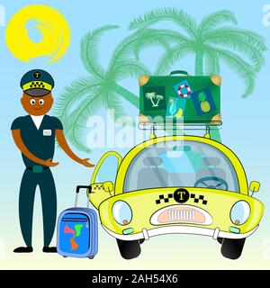 Taxifahrer einladenden Passagier in Auto. lächelnden jungen Taxifahrer in der Nähe von seinem Auto. Taxi-Service. Vector Illustration. Stock Vektor