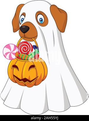 Halloween kostüm Hund holding Kürbis Tüte mit Süßigkeiten Stock Vektor