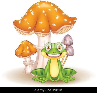 Cartoon lustige Frosch mit Pilzen Stock Vektor