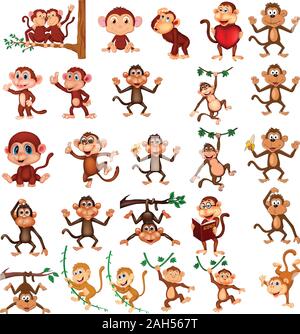 Cartoon happy monkey Collection mit verschiedenen Aktionen Stock Vektor