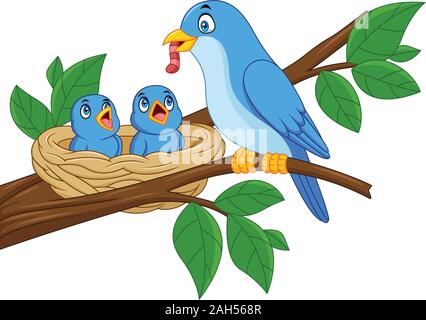 Mutter blue bird feeding Babies in einem Nest Stock Vektor