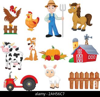 Einstellen der Landwirtschaft cartoon bei Landwirt, Traktor, Scheune, Tiere, Früchte und Gemüse Stock Vektor