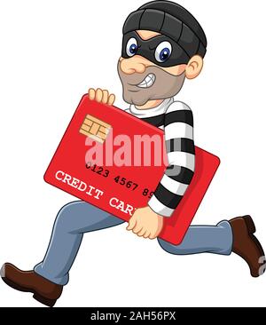 Cartoon Dieb in eine Maske Diebstahl einer Bank Kreditkarte und Ausführen Stock Vektor