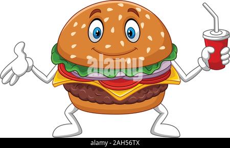 Cartoon burger Holding eine Tasse soda Stock Vektor