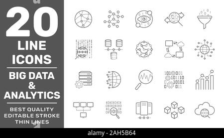 Satz von großen Daten und Datenanalyse Icon Set. In Verbindung stehende Technologie vektor Zeile für Symbole. Enthält solche Ikonen wie Cloud Computing, Verkehrsanalyse, große Daten Stock Vektor