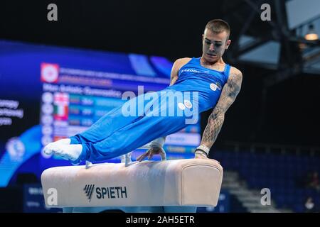 Stettin, Polen, 10. April 2019: Nicola Bartolini Italiens konkurriert auf dem Pferd während der künstlerischen Gymnastik Meisterschaften Stockfoto