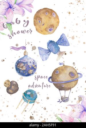 Das Universum Kinder Sonnensystem mit Satelliten und Raketen Planeten Vergleich. Cartoon Aquarell isoliert Illustration Galaxy Hintergrund. Kinderclip Stockfoto