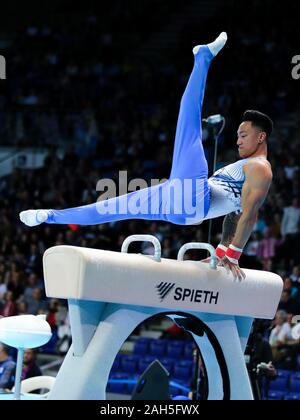 Stettin, Polen, 13. April 2019: Marios Georgiou von Zypern konkurriert auf dem Pferd während der künstlerischen Gymnastik Meisterschaften 2019 Stockfoto