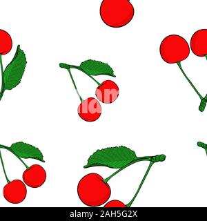 Kirschen. Farbige hand gezeichnete Skizze. Nahtlose Muster Stock Vektor
