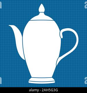 Teekanne. Weißer umriss Symbol auf blueprint Hintergrund. Vector Illustration. Stock Vektor
