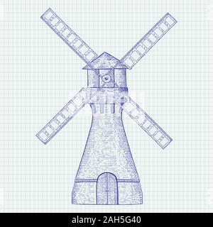 Windmühle. Hand gezeichnete Skizze. Vector Illustration isoliert auf Notebook Blatt hintergrund. Stock Vektor