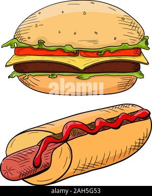 Burger und Hot Dog. Hand gezeichnete farbige Skizze. Vector Illustration auf weißem Hintergrund. Stock Vektor