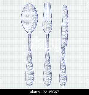 Besteck - Löffel, Gabel, Messer. Hand gezeichnete Skizze auf liniertem Papier Stock Vektor
