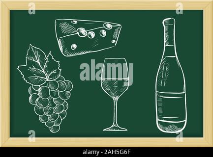 Wein - Flasche, Glas, Käse, Weintrauben. Chalk Skizze auf grüne Tafel. Vector Illustration. Stock Vektor