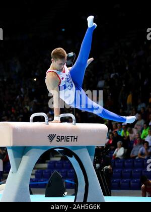 Stettin, Polen, 13. April 2019: Vladislav Poliashov Russlands konkurriert auf dem Pferd während der Europäischen Gymnastik Meisterschaften Stockfoto