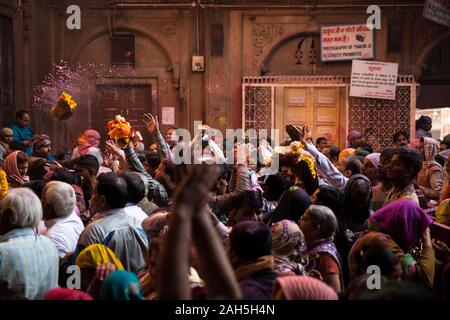 Masse an der Bankey Bihari Tempel während Holi feiern. Vrindavan, Indien Stockfoto