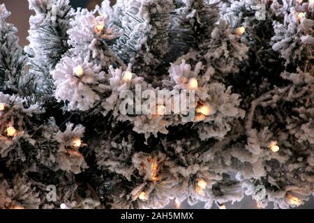 Traditionelle Weihnachten blinkende Lichter auf grüne Zweige Baum der Kiefer mit Schnee im Winter abgedeckt. Tannenbaum Äste mit string Reis Glühlampen. Stockfoto