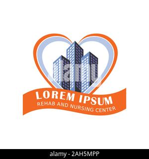 Pflege Zentrum Logo Konzept Medizinische und Healtcare Logo Design Vorlage, Herzform, Banner und Gebäude Element, Blau, Orange, Grau Stock Vektor