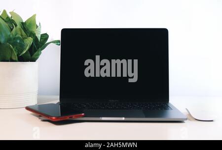 Kiew, Ukraine. Moderne MacBook Laptop, Apple Magic Mouse und Iphone weiß im Innenraum mit heimischen Pflanzen. Technologien, online, Trends, w Stockfoto