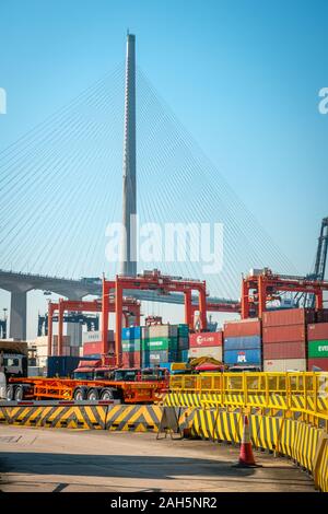 HongKong, China - November 2019: Kräne laden Shipping Container auf Fracht Hafen Logistik Zentrum in Hongkong Stockfoto