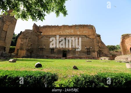 Panoramasicht auf die Terme di Caracalla in Rom. Dachkiefern in riesigen Ruinen Stockfoto