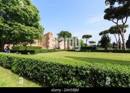 Panoramasicht auf die Terme di Caracalla in Rom. Dachkiefern in riesigen Ruinen Stockfoto