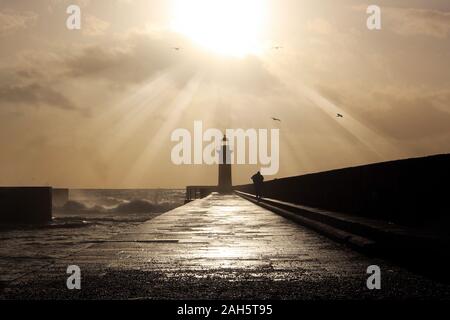 Straße durch das Meer bei Sonnenuntergang zu Leuchtturm. Tavira Leuchtturm, Flusskreuzfahrten auf dem Douro Mündung, Porto, Portugal Stockfoto