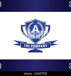 Schreiben sie eine alphabetische Company Logo Design Template, Blau Pokal mit Schild Form und Banner Element Logo Konzept, Turnier, Liga, erste Logo Stock Vektor