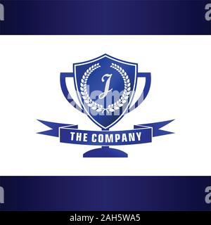Buchstabe J Alphabetische Company Logo Design Template, Blau Pokal mit Schild Form und Banner Element Logo Konzept, Turnier, Liga, erste Logo Stock Vektor