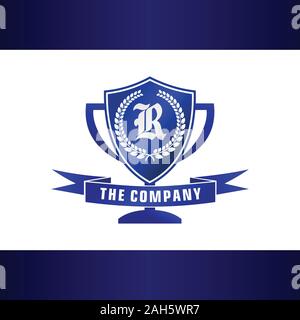 Buchstabe R Alphabetische Company Logo Design Template, Blau Pokal mit Schild Form und Banner Element Logo Konzept, Turnier, Liga, erste Logo Stock Vektor