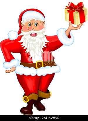 Santa Claus hält ein Geschenk in der Hand. Santa ist auf einem weißen Hintergrund. Stock Vektor