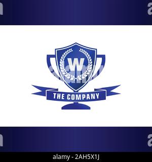 Buchstabe W Alphabetische Company Logo Design Template, Blau Pokal mit Schild Form und Banner Element Logo Konzept, Turnier, Liga, erste Logo Stock Vektor