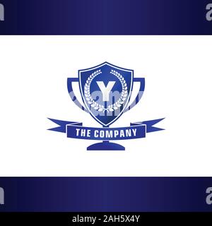 Buchstabe Y Alphabetische Company Logo Design Template, Blau Pokal mit Schild Form und Banner Element Logo Konzept, Turnier, Liga, erste Logo Stock Vektor
