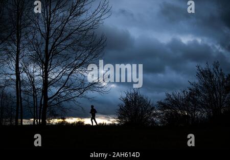 Muhr am See, Deutschland. 25 Dez, 2019. Ein Jogger Spaziergänge auf dem Deich am frühen Abend, vorbei an Bäumen. Credit: Lino Mirgeler/dpa/Alamy leben Nachrichten Stockfoto