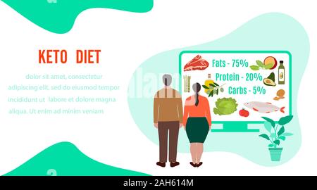 Vector illustration People Display showing keto-based healthy foods. Healthy lifestyle, proper nutrition. Fats, proteins, low carbs ketogenic diet foo Stock Vektor