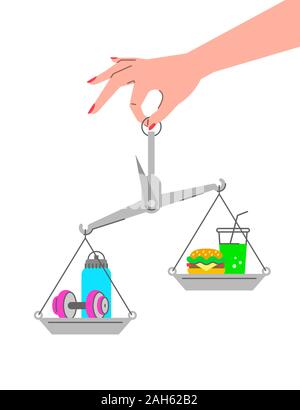 Fitness vs fast food Konzept. Gesunder Lebensstil flachbild Vektor Prinzipdarstellung. Gewicht-verlust-Herausforderung. Balance Waagen mit hantel und Junk Food Stock Vektor