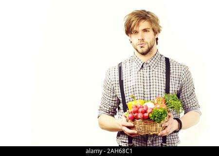 Ernte die Sammlerin mit Gemüse, auf weißem Hintergrund, kopieren. Mann mit zuversichtlich Gesicht, Bart und stilvolle Frisur hält Korb von Rettich, Tomaten, Pfeffer und Petersilie. Gesunde Ernährung Konzept Stockfoto