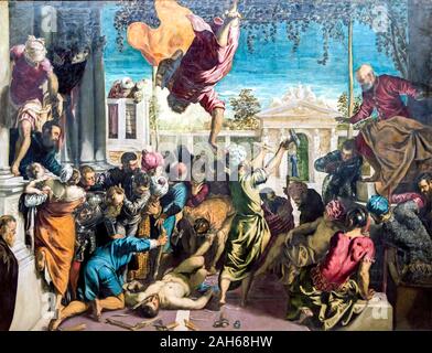 Accademia - Wunder der Slave von Tintoretto, das Wunder der Slave (auch als Das Wunder des hl. Markus, 1548 bekannt), ein Gemälde der italienischen Renaissance Künstler: Jacopo Tintoretto. Sie schildert eine Episode aus dem Leben des hl. Markus, Schutzpatron von Venedig, von Jacopo da varazze der Goldenen Legende übernommen. Die Szene zeigt, im oberen Teil, der Saint eingreifenden unverwundbar ein Sklave zu für seine Venera gemartert werden zu machen Stockfoto
