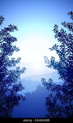 Natürliche Wald Bäume Berge berge Silhouetten, Bäume und Hügel am Abend Sonnenuntergang und Sonnenaufgang Landschaftstapete Illustration Vektor Stock Vektor