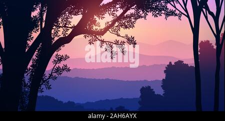 Natürliche Wald Bäume Berge berge Silhouetten, Bäume und Hügel am Abend Sonnenuntergang und Sonnenaufgang Landschaftstapete Illustration Vektor Stock Vektor