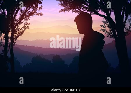 Natürliche Wald Bäume Berge berge Silhouetten, Bäume und Hügel am Abend Sonnenuntergang und Sonnenaufgang Landschaftstapete Illustration Vektor Stock Vektor