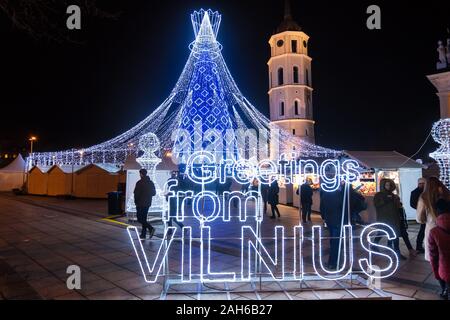 Vilnius, Litauen - 15. Dezember 2019: Weihnachtsbaum am Cathedral Square bei Nacht in Vilnius, Litauen Stockfoto