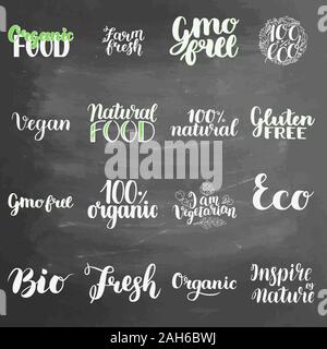 Eco-Konzept Schriftzug auf Tafel Hintergrund gesetzt. Tafel Schriftzug schreiben handschriftlichen Text, Illustration. Logo für gesundes Essen, Bar, Restaurant Stockfoto